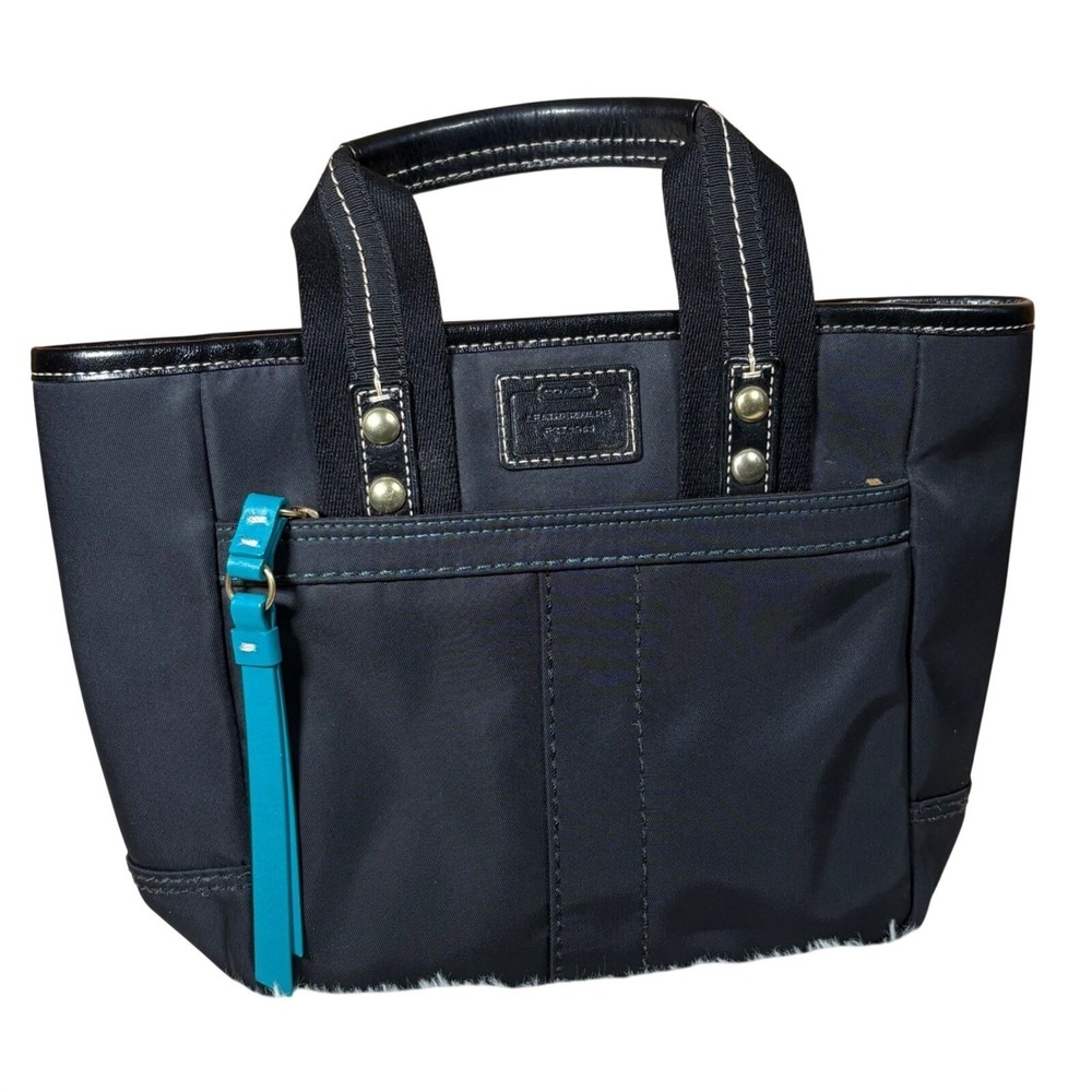 Coach Hampton Tote Bag Y2K Black Nylon Leather Trim Teal Accent Small Satchel